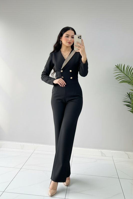 Conjunto Noir Luxe – Blazer Crop Strass & Pantalón Palazzo cod.667