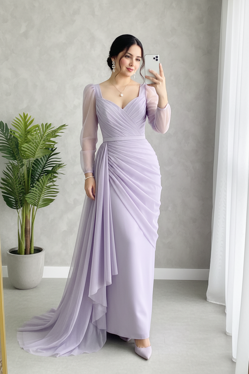 Vestido Lila Lavanda — Escote V Cruzado, Manga Tul & Drapeado en Cascada cod.885