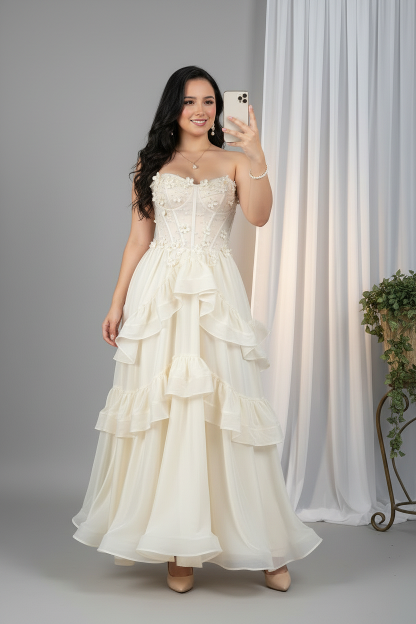 Vestido Ivory Strapless Corsé Flores 3D con Falda Capas Organza Maxi cod.985