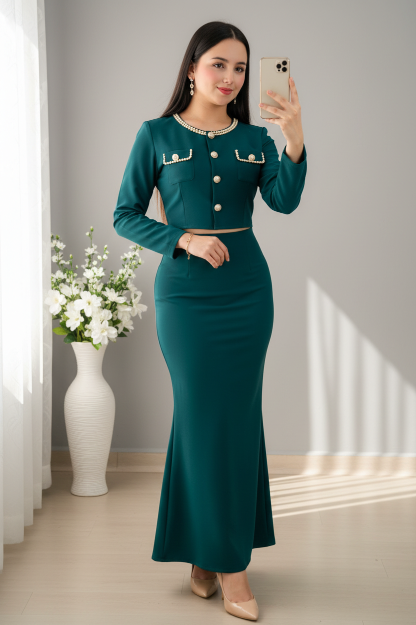Conjunto Dos Piezas Verde Esmeralda Estilo Chanel con Perlas cod.C935