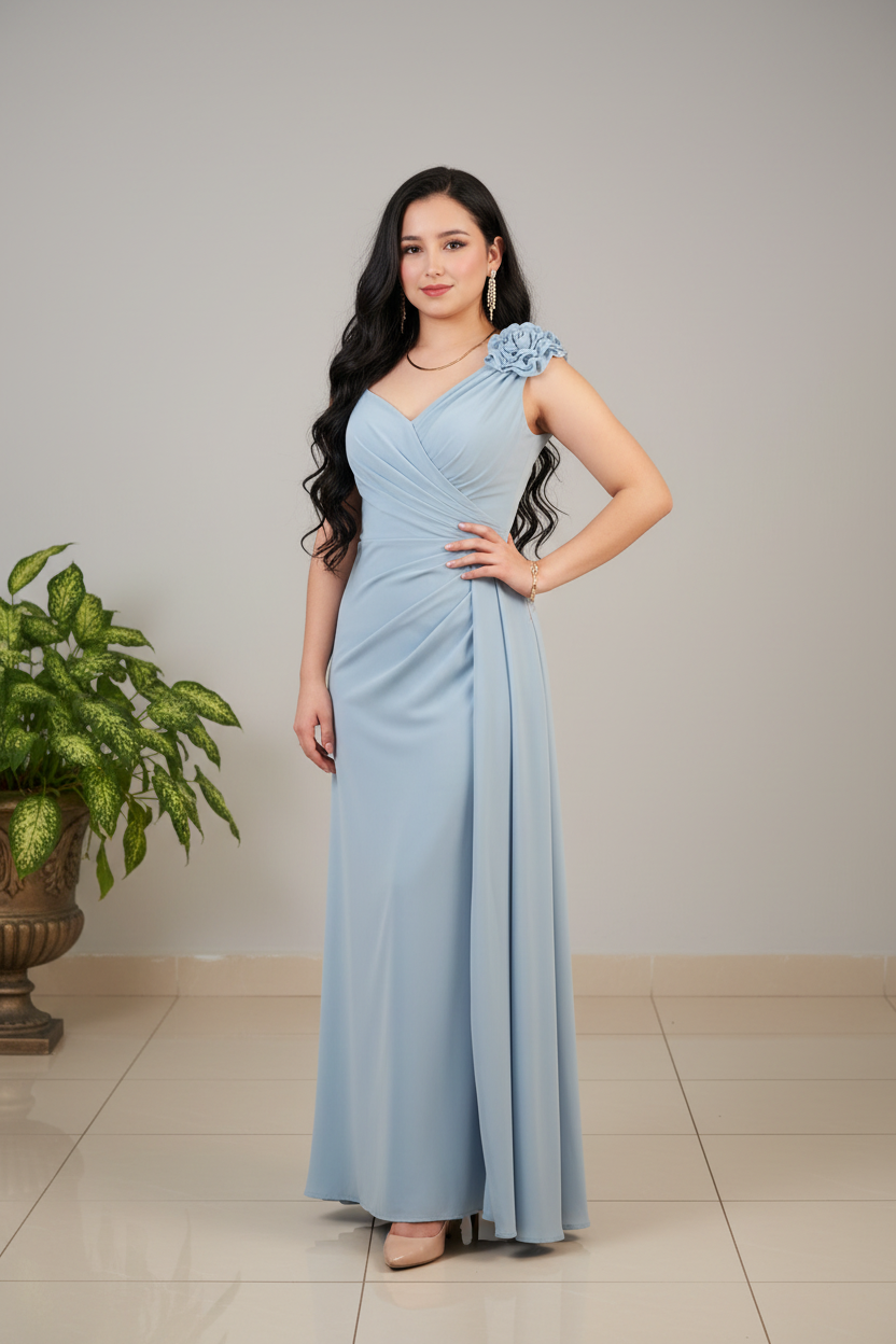 Vestido Largo Azul Cielo Sin Mangas Escote V Cruzado con Rosa 3D y Falda Drapeada cod.476