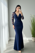 Vestido Azul Marino Sirena Manga Larga Tul Flores 3D Perlas cod.V687