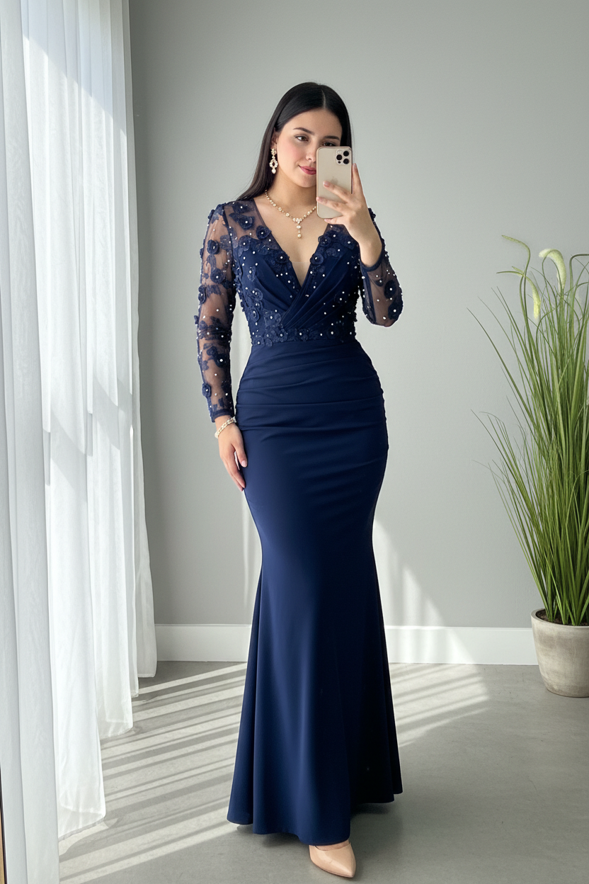 Vestido Azul Marino Sirena Manga Larga Tul Flores 3D Perlas cod.V687