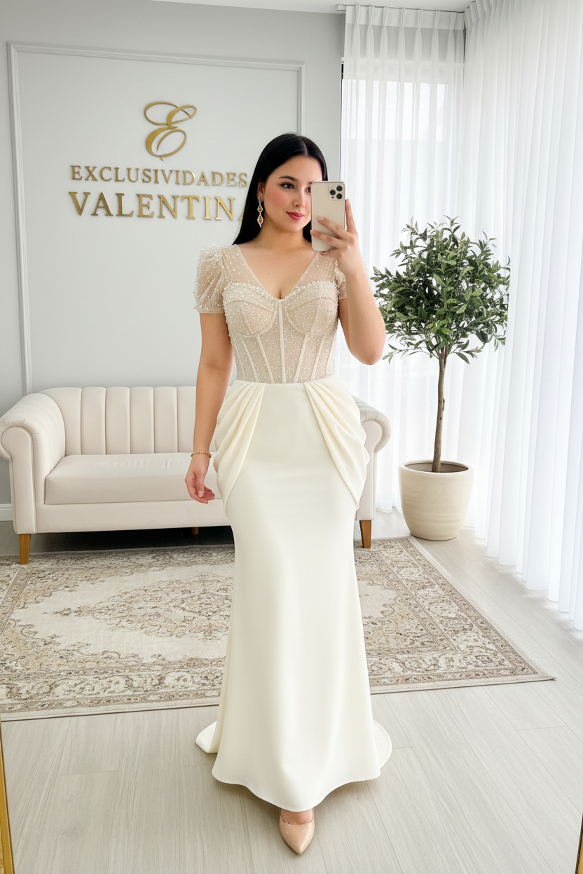 Vestido de Novia Corset de Tul con Perlas y Falda Sirena Blanca cod.V610