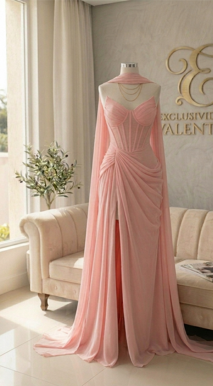 Vestido Rosa  Gasa Corset Estructurado Cape Lateral Cod.V563