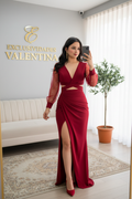 Vestido Vino Largo Escote V Mangas Tul Perlas Cut-Out Slit Gala cod.V593