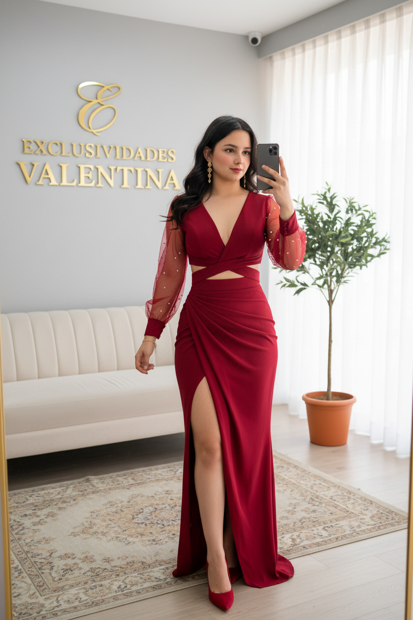 Vestido Vino Largo Escote V Mangas Tul Perlas Cut-Out Slit Gala cod.V593
