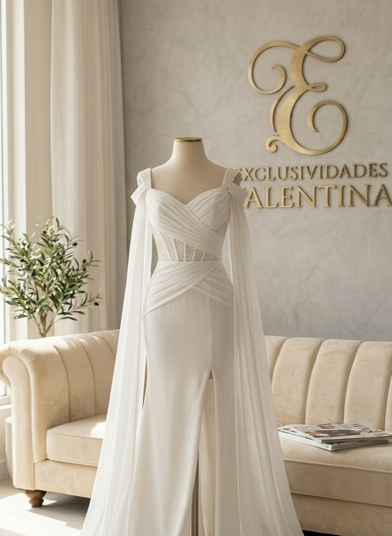 Vestido Blanco Sirena Corset Perlas Cape Manga Abertura cod.V564