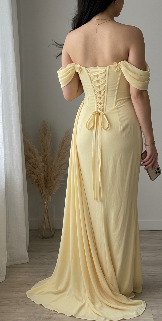 Vestido Amarillo Pastel Corset Floral Off-Shoulder