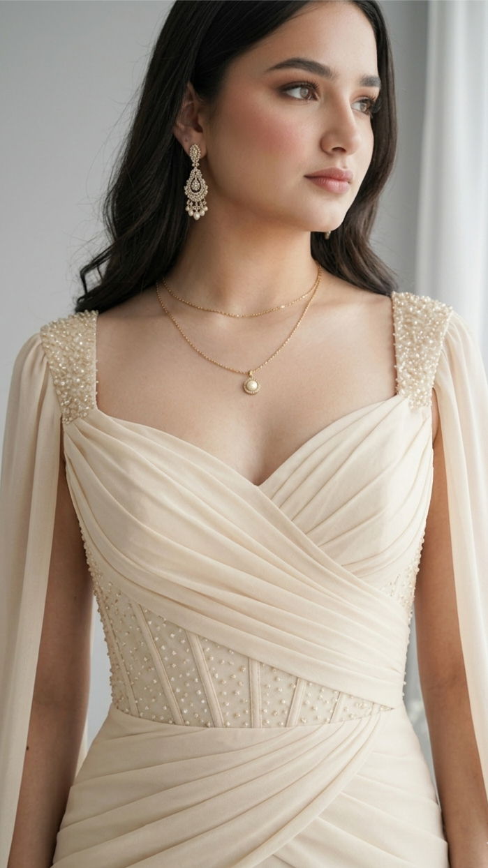 Vestido Champagne Corset Perlas Cape Sleeves cod.V556