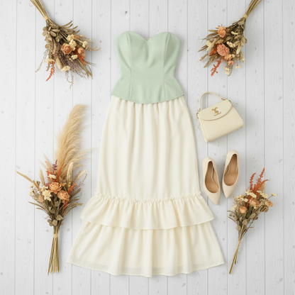 Top corset verde y falda blanca