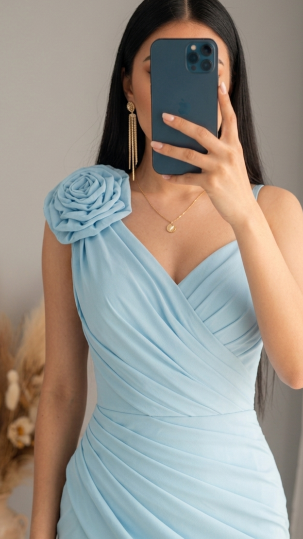 Vestido Azul Cielo Sirena Escote V Rosa 3D Hombro cod.V567