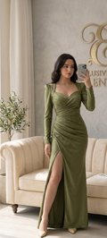 Vestido Verde Oliva  Manga Larga Sweetheart Drapeado Abertura cod.V574