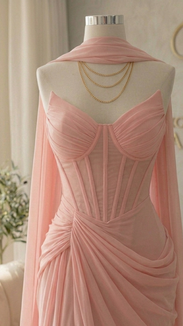 Vestido Rosa  Gasa Corset Estructurado Cape Lateral Cod.V563