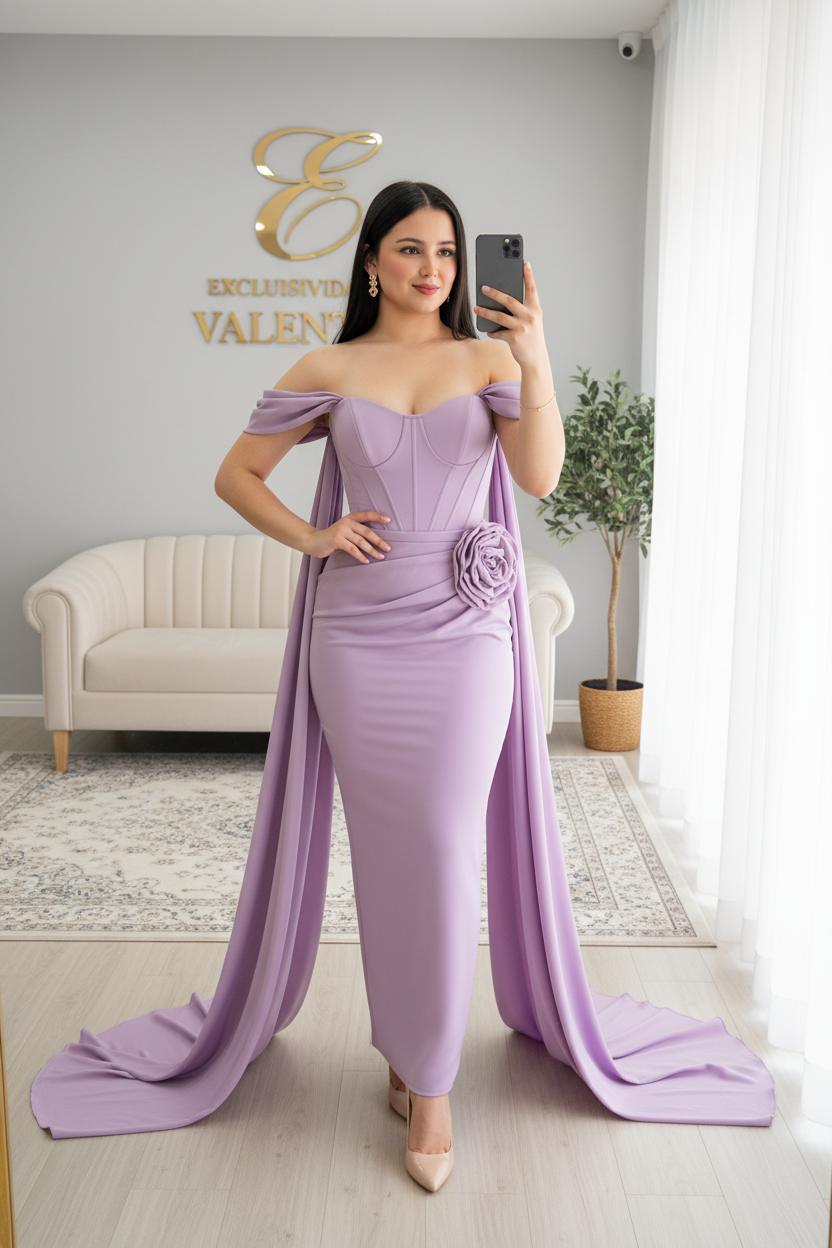 Vestido Lila — Off-Shoulder Corset con Rosa 3D y Capa cod.V628