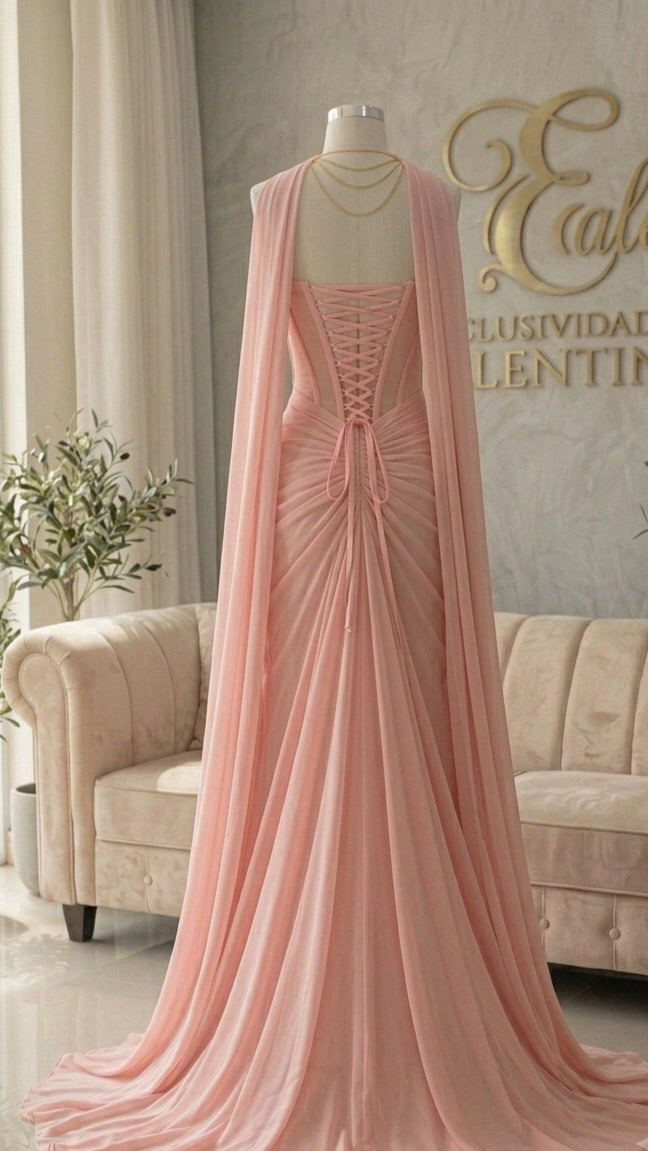 Vestido Rosa  Gasa Corset Estructurado Cape Lateral Cod.V563