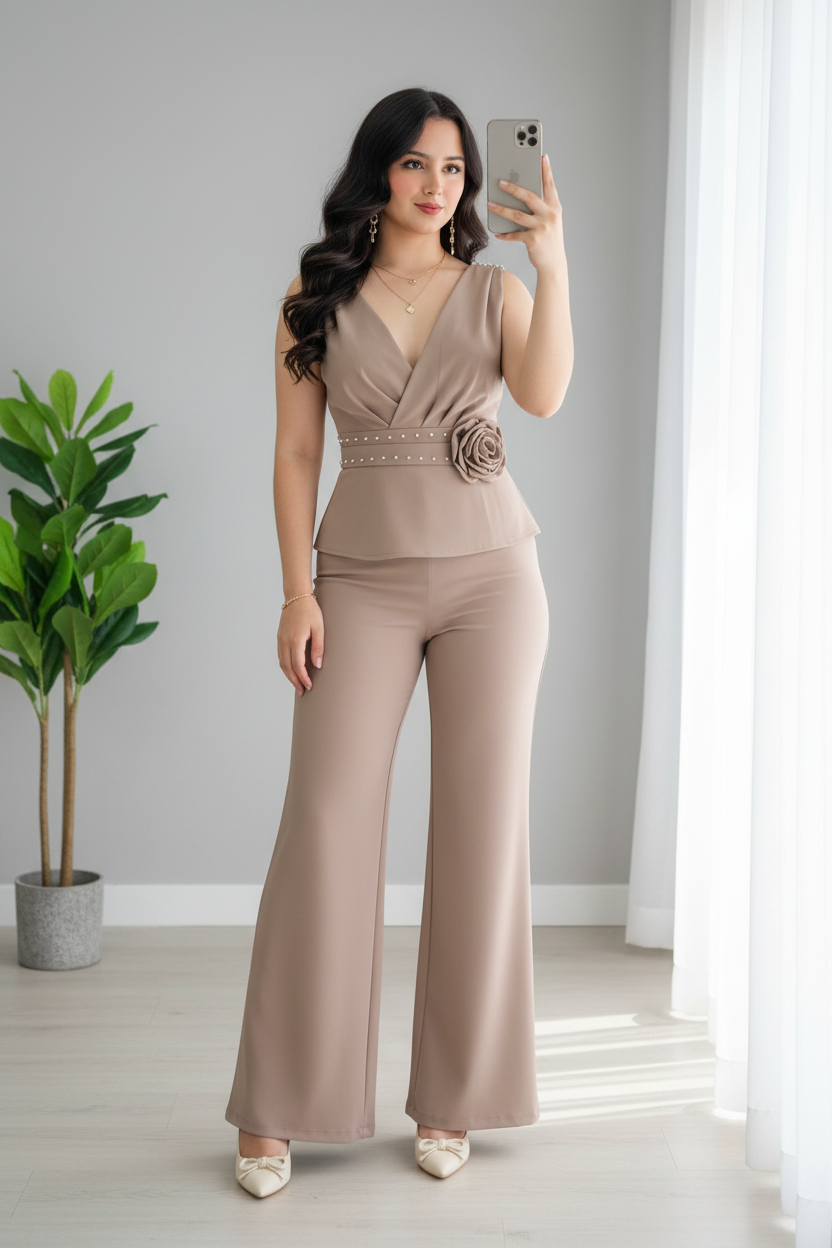Conjunto taupe  Rosa 3D Perlas + Palazzo cod.C585