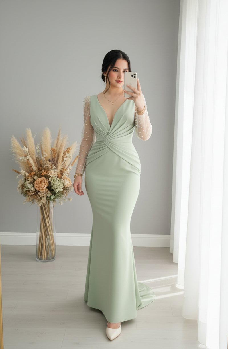 Vestido Verde Sage Sirena Escote V Manga Tul Perlas Cola cod.V570