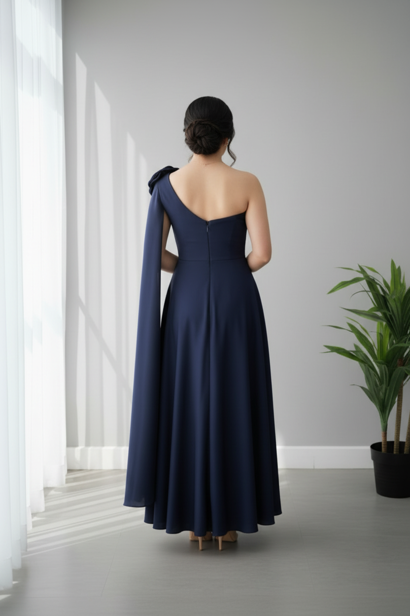 Vestido azul marino espalda sin cola