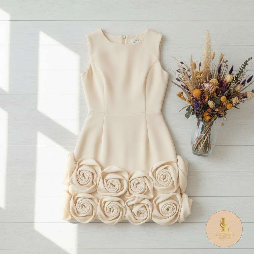 Vestido crema con rosas