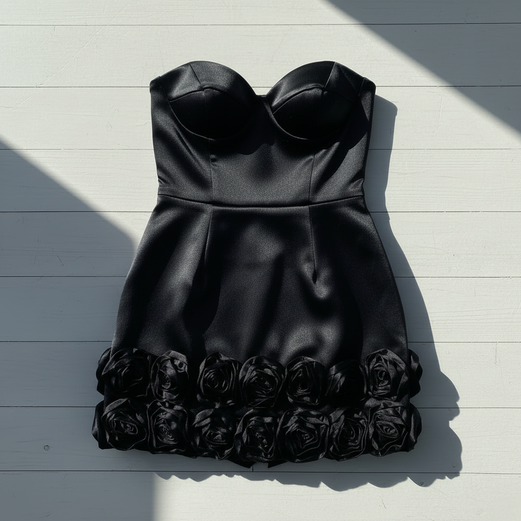 Vestido negro con copas y rosas