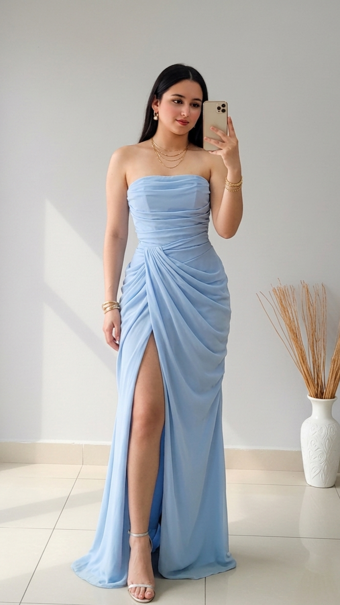 Vestido Azul Cielo Strapless Drapeado Abertura Lateral cod.V562