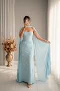 Vestido Azul Cielo Gala Corset Flores 3D Mangas Capa cod.V579