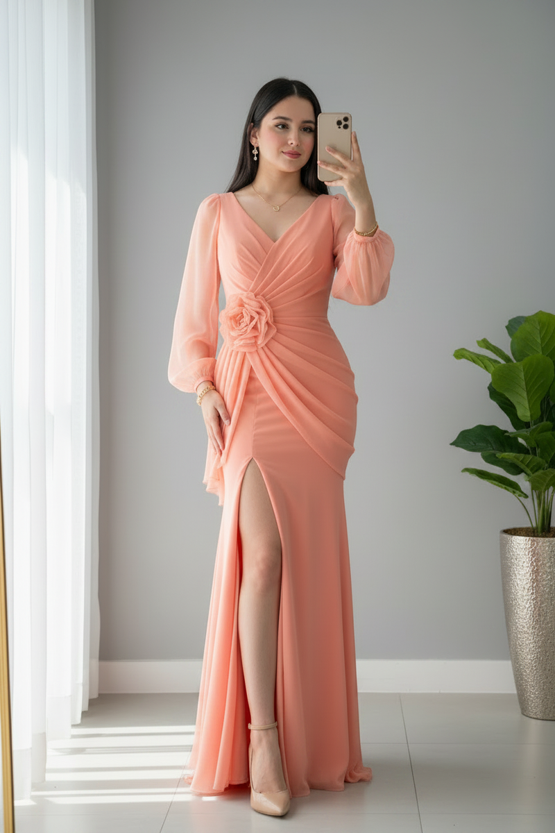 Vestido Durazno Gasa Manga Globo Escote V Rosa 3D Abertura cod.V573