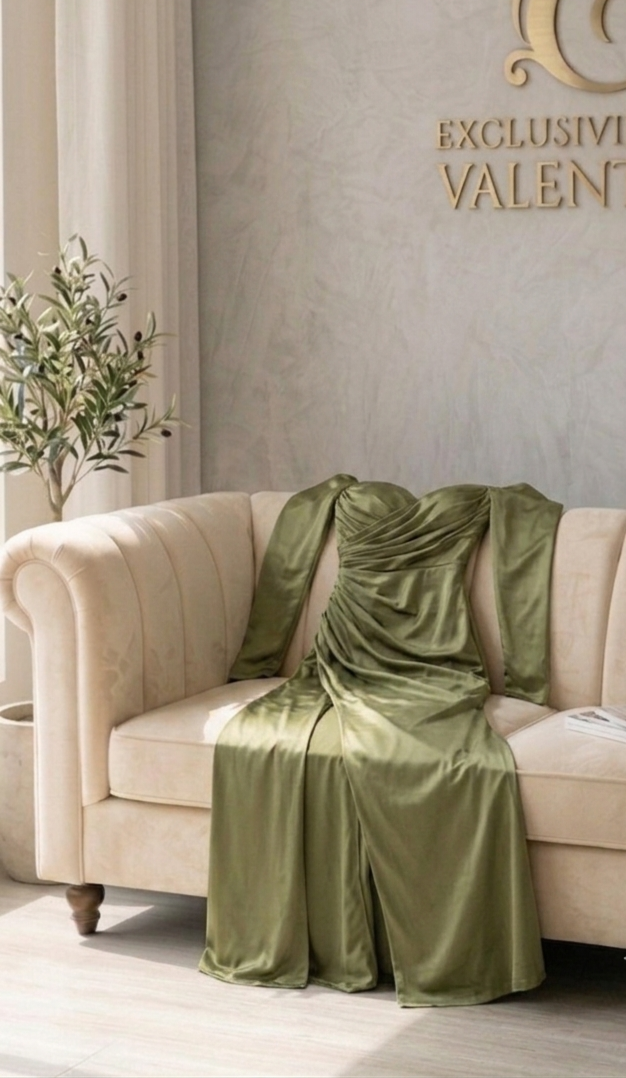 Vestido Verde Oliva  Manga Larga Sweetheart Drapeado Abertura cod.V574
