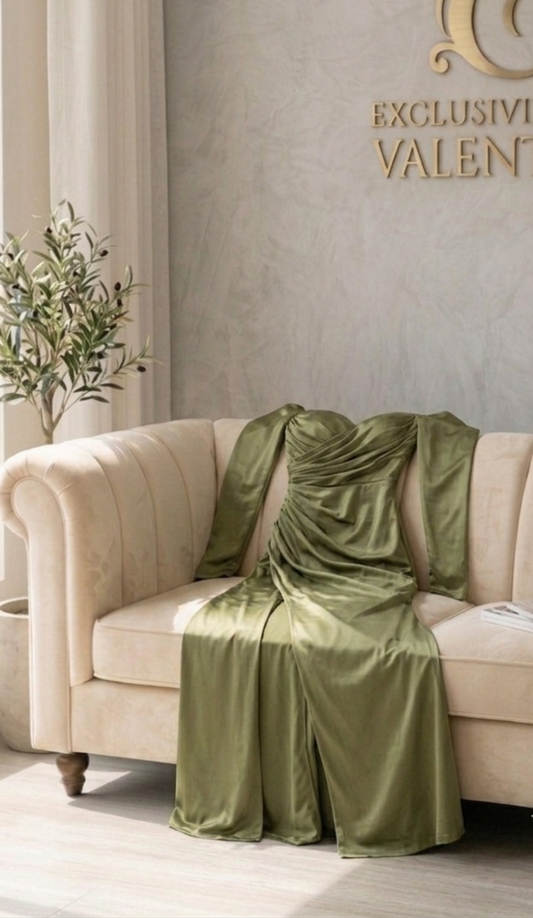 Vestido Verde Oliva  Manga Larga Sweetheart Drapeado Abertura cod.V574