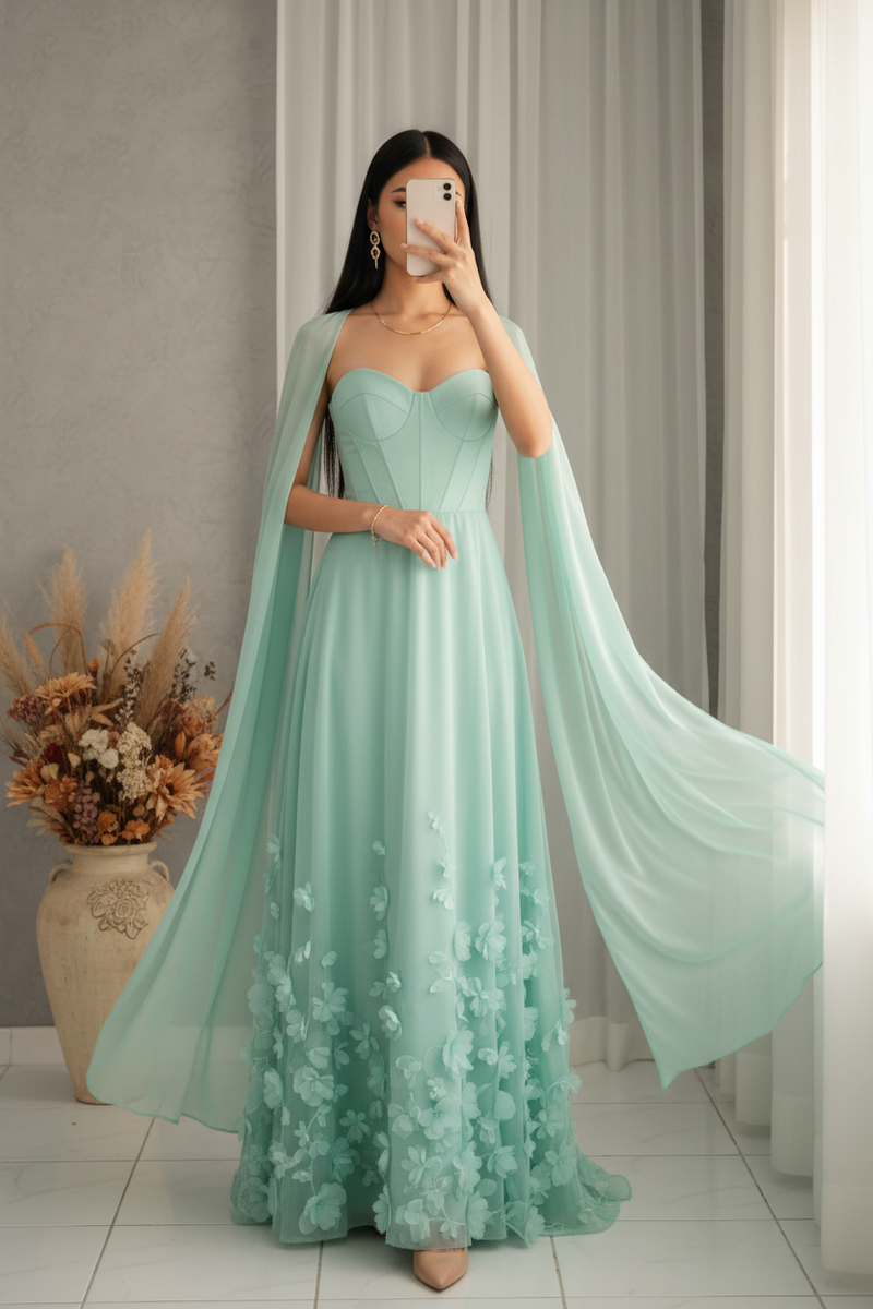 Vestido Verde Menta Gala Corset Flores 3D Mangas Capa cod.V577