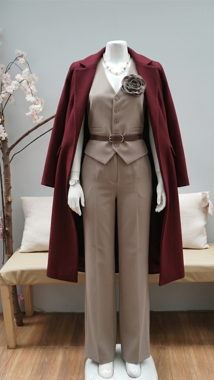 Conjunto 2 Piezas Taupe Chaleco Rosa 3D y Pantalón Wide Leg cod.C558