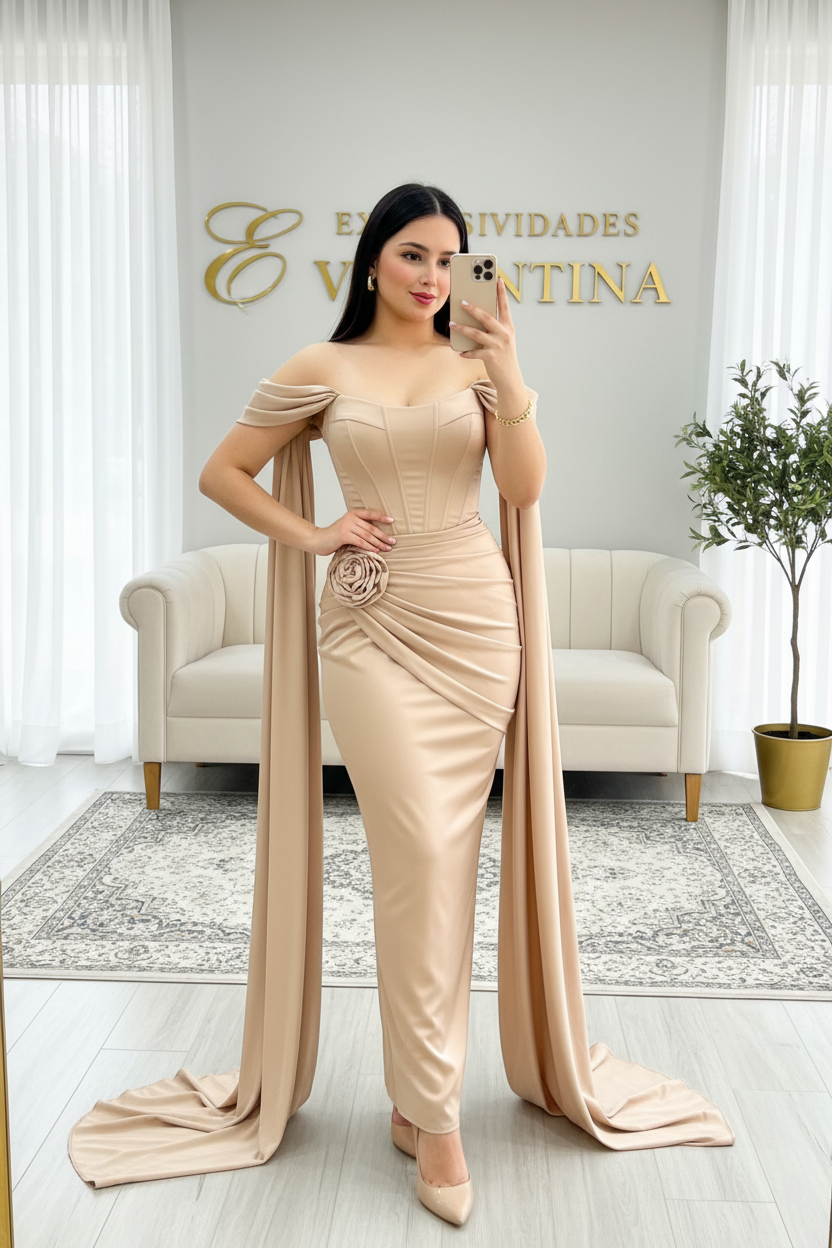 Vestido de Gala Champagne — Corset Off-Shoulder con Capa cod.V619
